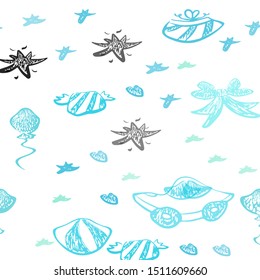 Light Blue, Green vector seamless background with xmas attributes. Shining illustration with a toy car, heart, baloon, tulip, candy, ball. Pattern for birthday gifts.