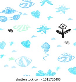 Light Blue, Green vector seamless layout with new year gifts. Abstract illustration with a toy car, heart, baloon, tulip, candy, ball. Template for new year postcards.