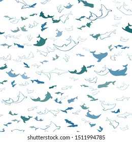 Light Blue, Green vector seamless background with dolphins. Decorative design in natural style with sea dolphins. Pattern for websites of animals.
