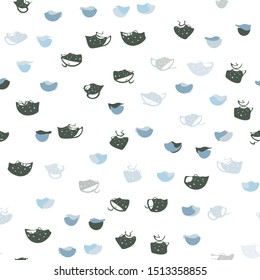 Light Blue, Green vector seamless layout with coffee set. Decorative gradient design of coffee cups and beans. Template of a black hot beverage in a cafe.