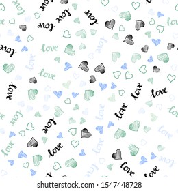 Light Blue, Green vector seamless background with words of love, hearts. Colorful gradient phrase LOVE YOU, hearts in abstract style. Template for business cards, websites.