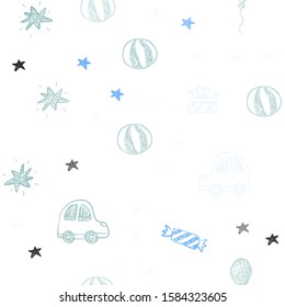 Light Blue, Green vector seamless background in xmas style. Design in xmas style with a toy car, baloon, candy, star, ball. Design for holiday adverts.