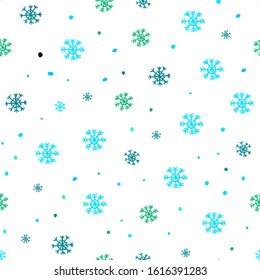 Light Blue, Green vector seamless cover with beautiful snowflakes. Colorful decorative design in xmas style with snow. Pattern for trendy fabric, wallpapers.
