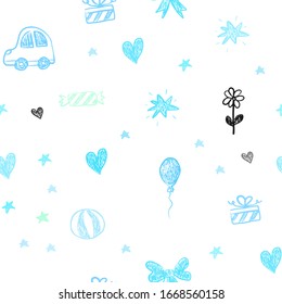 Light Blue, Green vector seamless layout with new year gifts. Abstract illustration with a toy car, heart, baloon, tulip, candy, ball. Template for new year postcards.