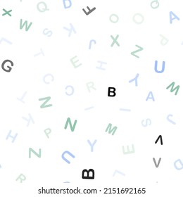 Azul claro, Vector verde sin costura con signos de alfabeto. Ilustración geométrica moderna con símbolos ABC en inglés. Patrón de tela de moda, papel pintado.