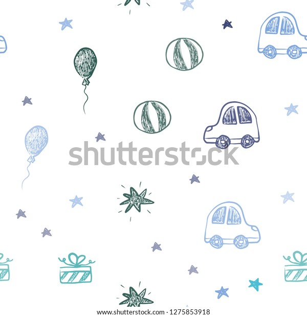 Light Blue, Green vector seamless\
template in carnival style. Design in xmas style with a toy car,\
baloon, candy, star, ball. Template for new year\
postcards.