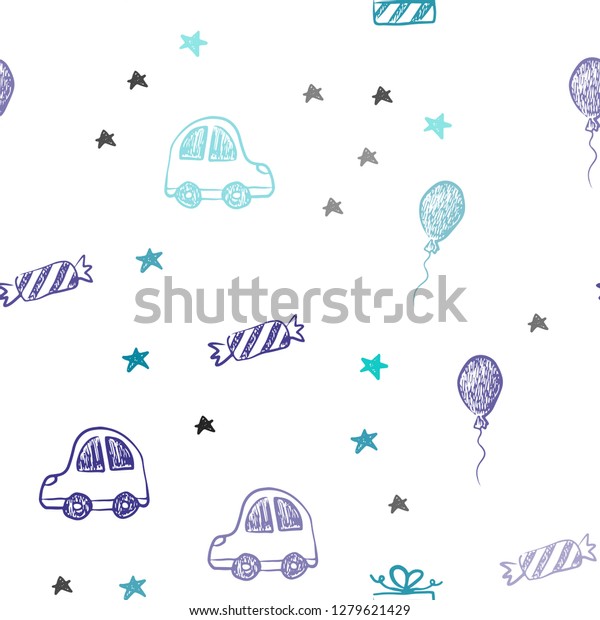 Light Blue, Green vector\
seamless template in carnival style. Illustration with a colorful\
toy car, baloon, candy, star, ball. Template for new year\
postcards.
