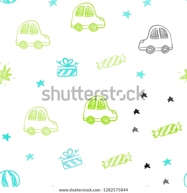 Light Blue, Green vector seamless backdrop\
in holiday style. Shining illustration with a toy car, baloon,\
candy, star, ball. Pattern for new year\
ads.