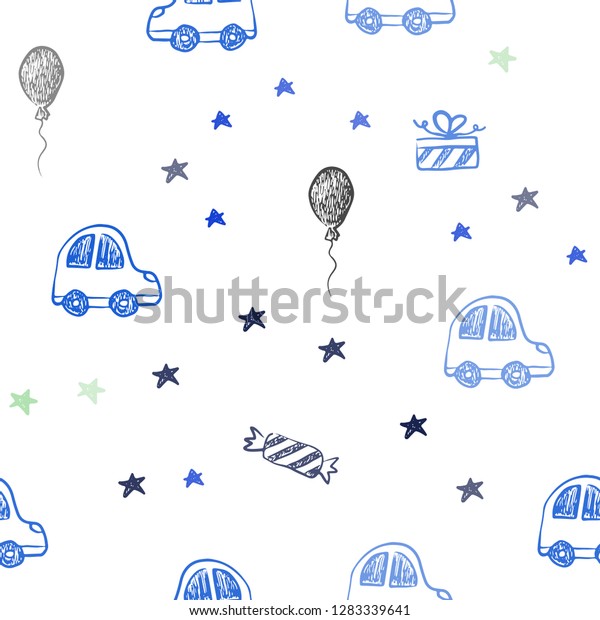 Light Blue, Green vector seamless\
backdrop in holiday style. Colorful illustration with a toy car,\
baloon, candy, star, ball. Design for colorful\
commercials.