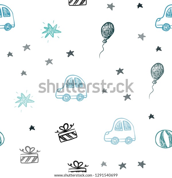 Light Blue, Green vector seamless\
background in xmas style. Design in xmas style with a toy car,\
baloon, candy, star, ball. Design for colorful\
commercials.