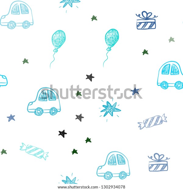 Light Blue, Green vector seamless
pattern in christmas style. Design in xmas style with a toy car,
baloon, candy, star, ball. Design for holiday
adverts.