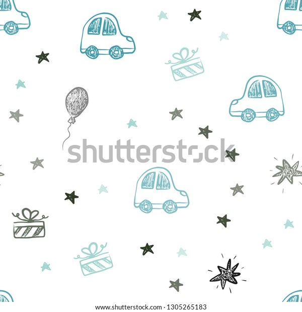 Light Blue, Green vector seamless\
template in carnival style. Design in xmas style with a toy car,\
baloon, candy, star, ball. Design for colorful\
commercials.