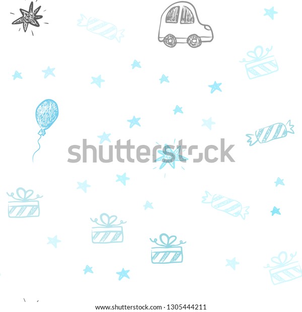 Light Blue, Green vector seamless pattern\
in christmas style. Design in xmas style with a toy car, baloon,\
candy, star, ball. Pattern for birthday\
gifts.