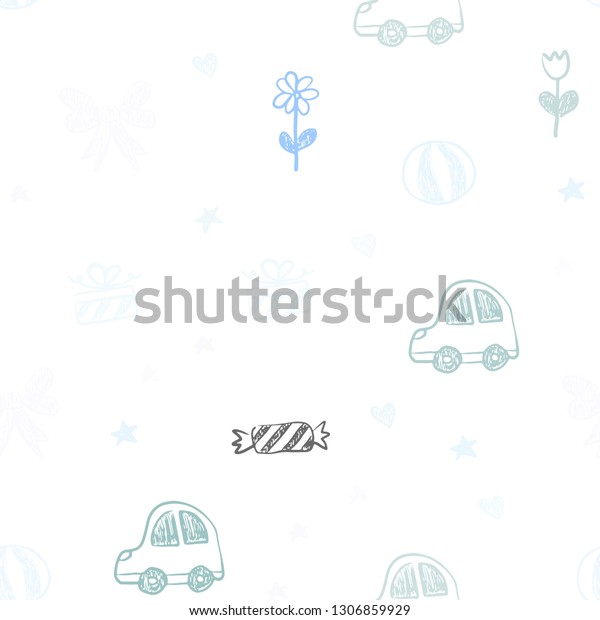 Light Blue, Green vector\
seamless texture with birthday gifts. Design in xmas style with a\
toy car, heart, baloon, tulip, candy, ball. Design for holiday\
adverts.