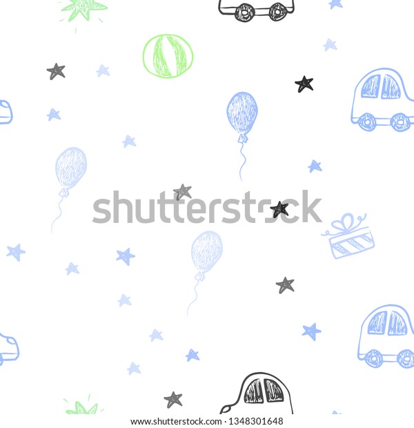 Light Blue, Green vector seamless texture\
in birthday style. Illustration with a colorful toy car, baloon,\
candy, star, ball. Pattern for birthday\
gifts.