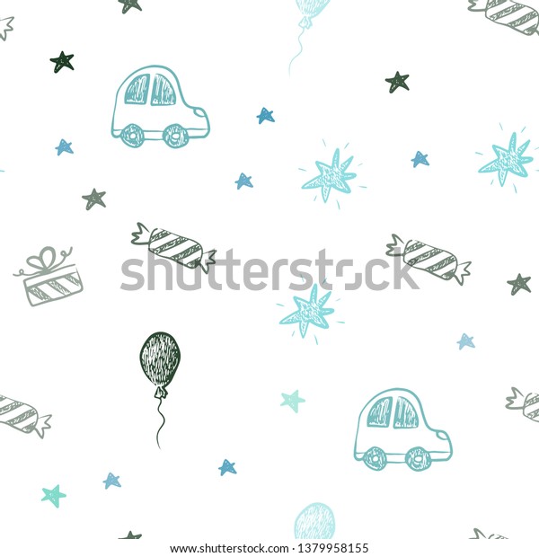 Light Blue, Green vector seamless layout\
in new year style. Design in xmas style with a toy car, baloon,\
candy, star, ball. Pattern for birthday\
gifts.