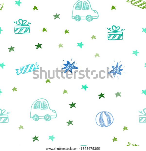 Light Blue, Green vector seamless\
texture in birthday style. Abstract illustration with a toy car,\
baloon, candy, star, ball. Pattern for carnival, festival\
ads.