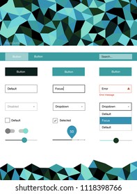 Light Blue, Green vector style guide with triangles. Ui Ux kit with colorful polygonal background in its header. Simple colorful design for websites.