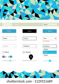 Light Blue, Green vector style guide with triangles. Ui Ux kit with colorful polygonal background in its header. Simple colorful design for websites.