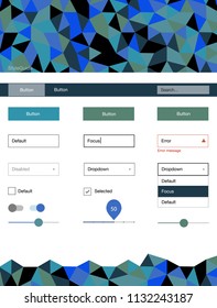 Light Blue, Green vector style guide with triangles. Ui Ux kit with colorful polygonal background in its header. Modern template for your landing page.