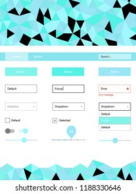 Light Blue, Green vector style guide with triangles. Ui Ux kit with colorful polygonal background in its header. Modern template for your landing page.