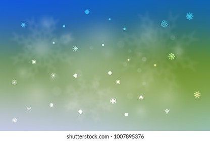 Light Blue, Green vector template with ice snowflakes. Snow on blurred abstract background with gradient. The pattern can be used for new year leaflets.