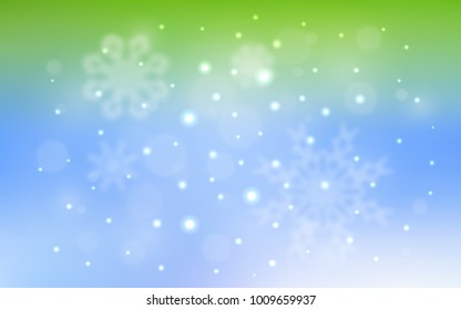 Light Blue, Green vector template with ice snowflakes. Blurred decorative design in xmas style with snow. New year design for your ad, poster, banner.