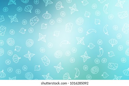 Light Blue, Green vector template with organic meal. Illustration with set of fresh food in doodle style. Template for meal cooking in kitchen.