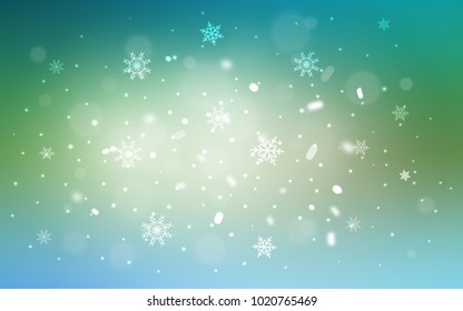 Light Blue, Green vector template with ice snowflakes. Blurred decorative design in xmas style with snow. New year design for your ad, poster, banner.