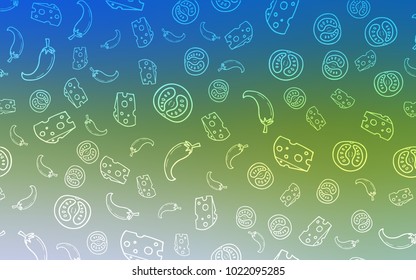 Light Blue, Green vector template with organic meal. Fast Food on blurred abstract background with colorful gradient. Doodle design for your business advert of cafes.