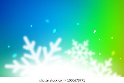 Light Blue, Green vector template with ice snowflakes. Snow on blurred abstract background with gradient. The pattern can be used for new year leaflets.