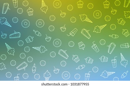 Light Blue, Green vector template with sweet snacks. Glitter abstract sketch with sweets, candies, desserts. Pattern for ads of breakfast, lunch, dinner.