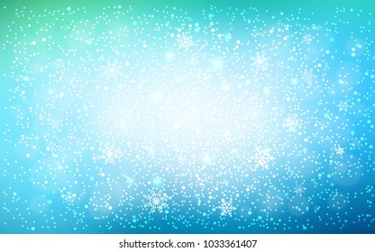 Light Blue, Green vector template with ice snowflakes. Snow on blurred abstract background with gradient. The pattern can be used for new year ad, booklets.