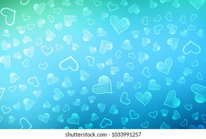 Light Blue, Green vector template with doodle hearts. Beautiful colored illustration with hearts in celebration style. Design for ad, poster, banner of Valentine Day.