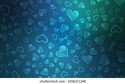 Light Blue, Green vector template with doodle hearts. Hearts on blurred abstract background with colorful gradient. Pattern for carnival, festival romantic leaflets.