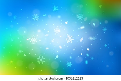 Light Blue, Green vector template with ice snowflakes. Glitter abstract illustration with crystals of ice. The pattern can be used for new year leaflets.