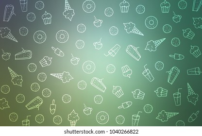 Light Blue, Green vector template with sweet snacks. Glitter abstract sketch with sweets, candies, desserts. Pattern for ads of breakfast, lunch, dinner.