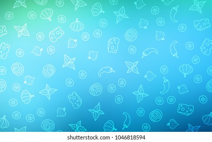 Light Blue, Green vector template with organic meal. Fast Food on blurred abstract background with colorful gradient. Pattern for ads of breakfast, lunch, dinner.