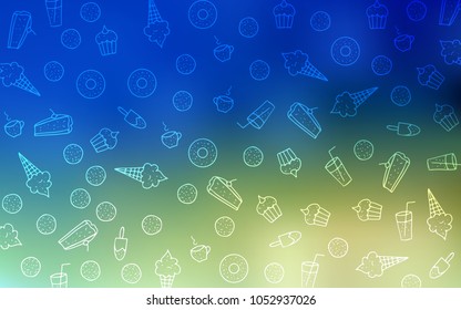 Light Blue, Green vector template with sweet snacks. Confections on blurred abstract background with colorful gradient. Pattern for ads of breakfast, lunch, dinner.