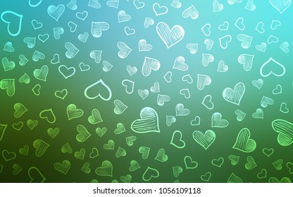 Light Blue, Green vector template with doodle hearts. Beautiful colored illustration with hearts in celebration style. Pattern for marriage gifts, congratulations.