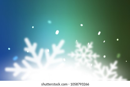 Light Blue, Green vector template with ice snowflakes. Snow on blurred abstract background with gradient. New year design for your business advert.