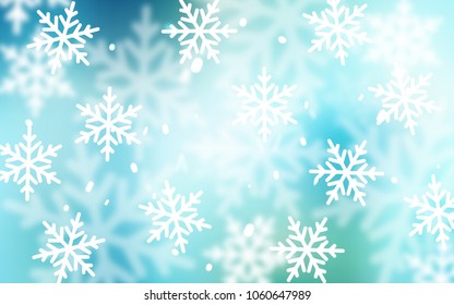 Light Blue, Green vector template with ice snowflakes. Shining colored illustration with snow in christmas style. The pattern can be used for new year ad, booklets.