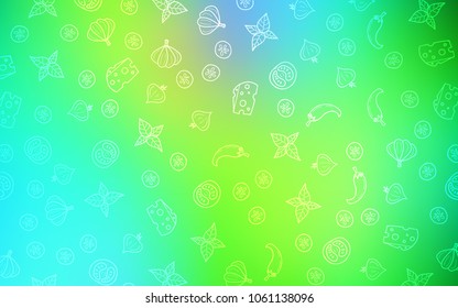 Light Blue, Green vector template with organic meal. Fast Food on blurred abstract background with colorful gradient. Pattern for ads of breakfast, lunch, dinner.