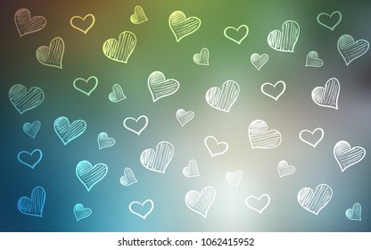 Light Blue, Green vector template with doodle hearts. Glitter abstract illustration with colorful hearts in romantic style. Design for ad, poster, banner of Valentine Day.