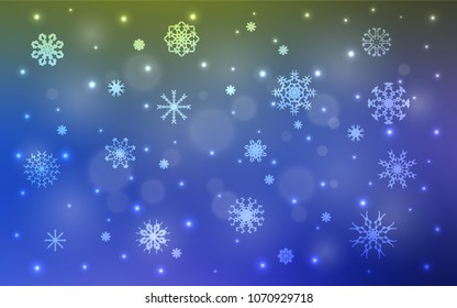 Light Blue, Green vector template with ice snowflakes. Decorative shining illustration with snow on abstract template. The pattern can be used for new year ad, booklets.