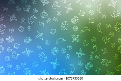 Light Blue, Green vector template with organic meal. Glitter abstract sketch with gourmet food. Pattern for ads of breakfast, lunch, dinner.