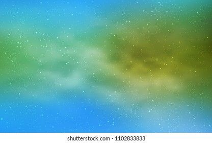Light Blue, Green vector template with space stars. Space stars on blurred abstract background with gradient. Pattern for futuristic ad, booklets.