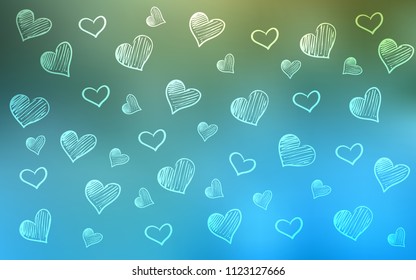 Light Blue, Green vector template with doodle hearts. Blurred decorative design in doodle style with hearts. Pattern can be used for valentine's ad, booklets.
