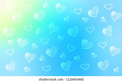 Light Blue, Green vector template with doodle hearts. Decorative shining illustration with hearts on abstract template. Design for ad, poster, banner of Valentine Day.