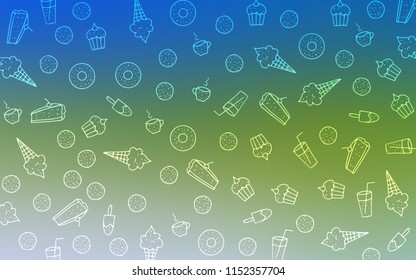 Light Blue, Green vector template with sweet snacks. Glitter abstract sketch with sweets, candies, desserts. Doodle design for your business advert of cafes.